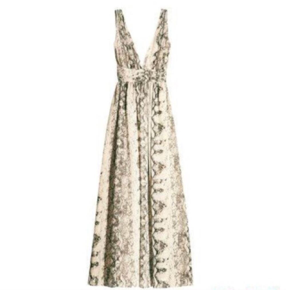 new H&M tan brown black snake print long chiffon deep v sleeveless maxi dress